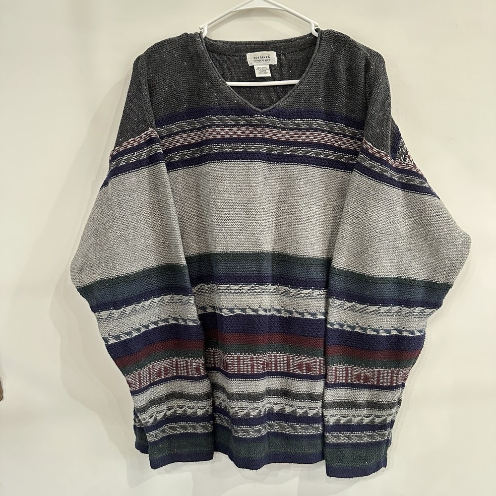 VTG Women's Soatanza Grandpa Core Sweater Chunky Knit 90's Stripe Blue Gray Lg - Picture 2 of 10